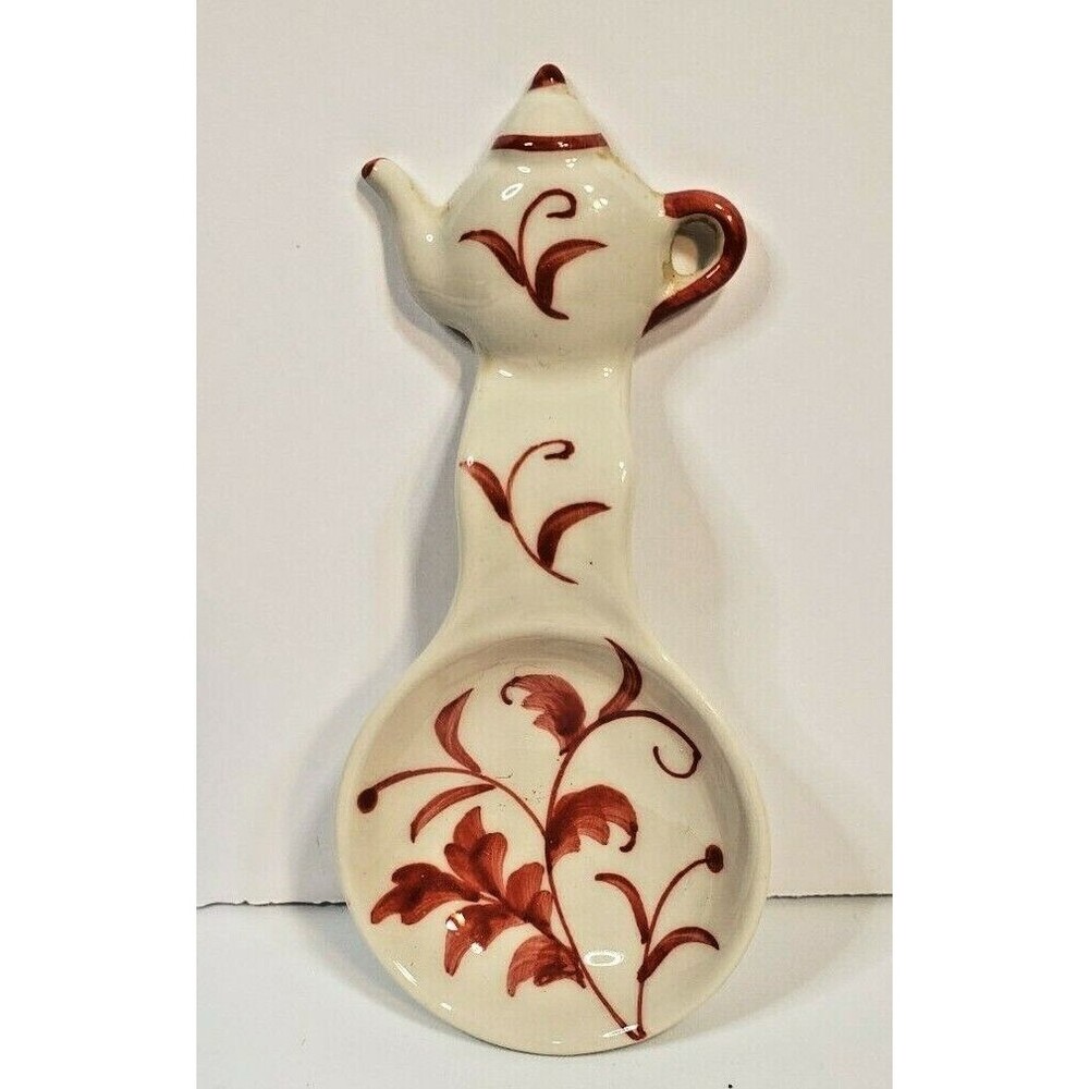 Teabag Holder or Spoon Rest Cream with Orange to Red Floral with a teapot on top